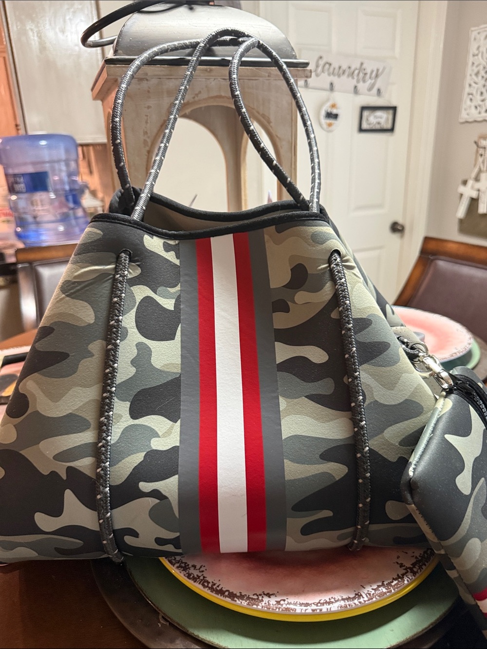 HAUTE SHORE Camo Neoprene Tote with Red and White Center Stripe